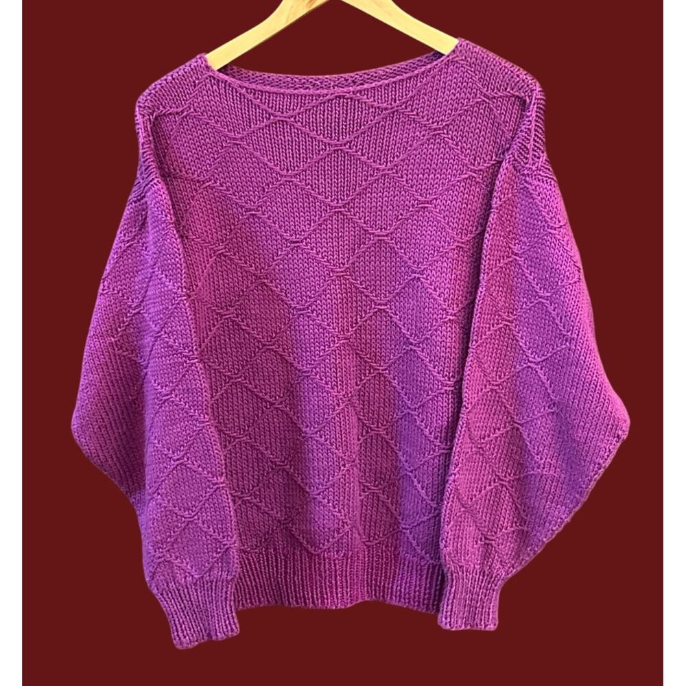 Handknit Purple Diamond Pattern Oversized Sweater Cozycore Artisan Knit Pullover